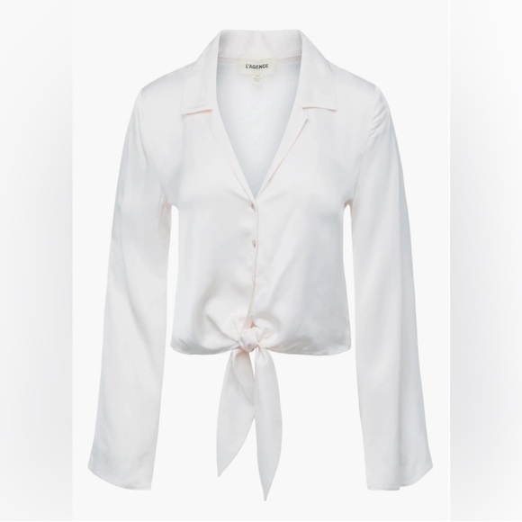 NWOT L’agence Roxanne Silk White Tie Front Bell Sleeve Button down Blouse M - Picture 5 of 6
